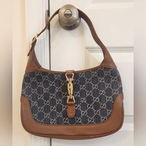 Gucci Jackie 1961 Gold Lock Monogram Canvas And Leather Shoulder Bag 11"X7"